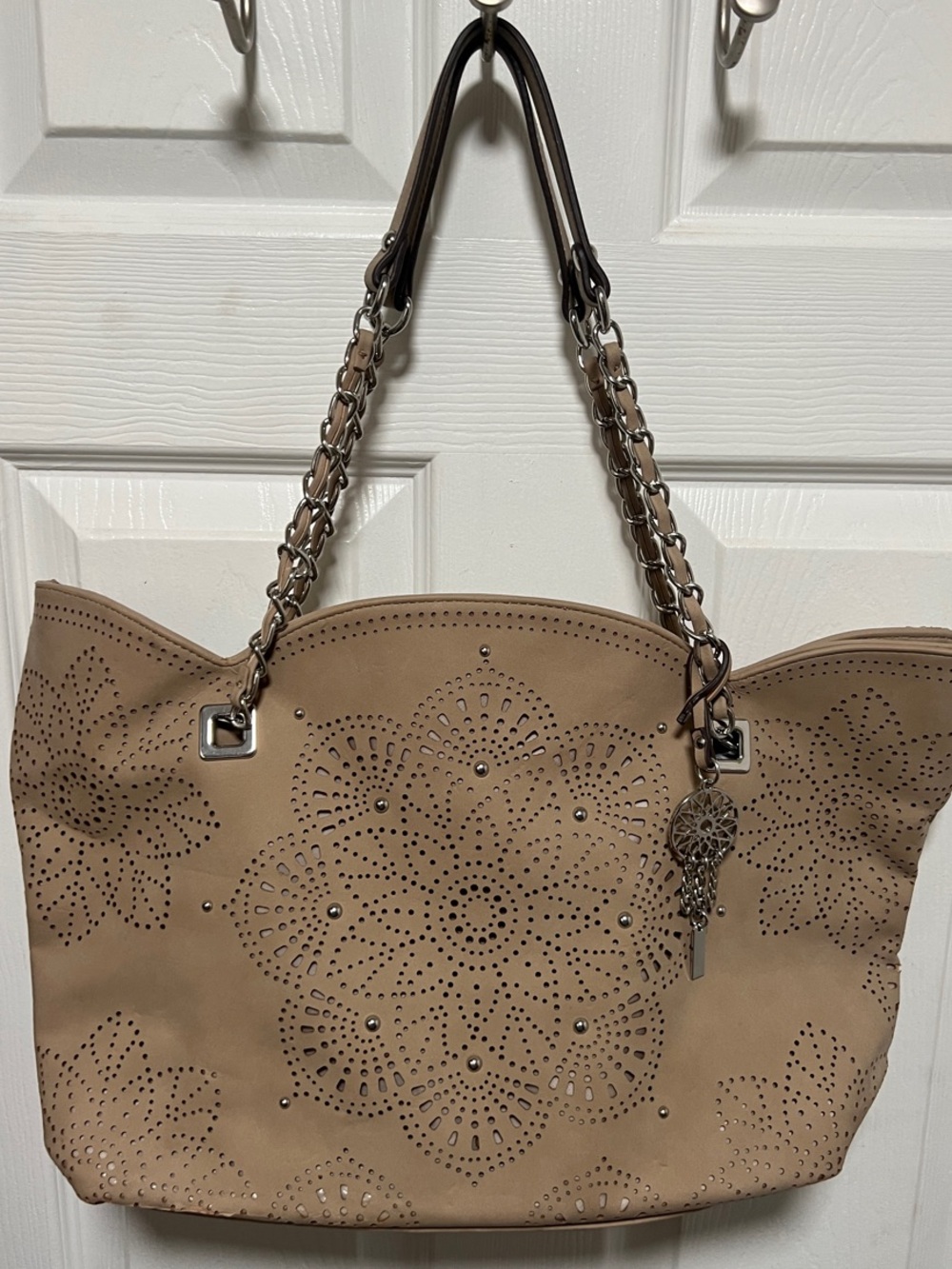 Jessica Simpson Sunny Laser-Cut Tote Bag Beige Taupe Studded Chain Strap